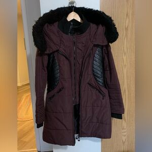 Women's Burgundy Quilted Jacket with Black Accents, flaw